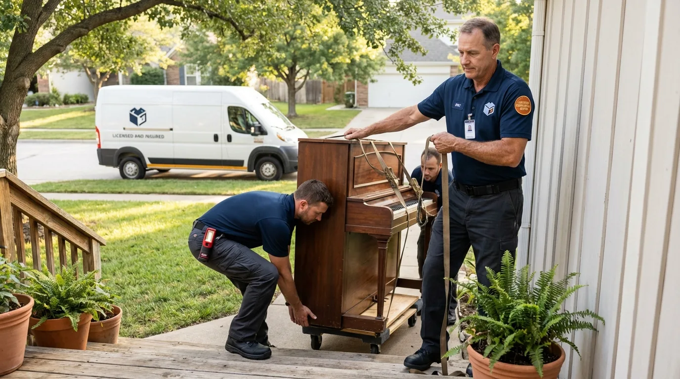 Licensed piano movers securing grand piano in Fairhope, AL