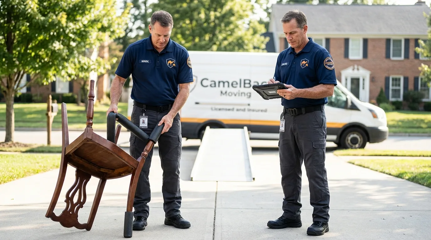 Movers inspecting furniture for damage prevention before loading in Fairhope, AL