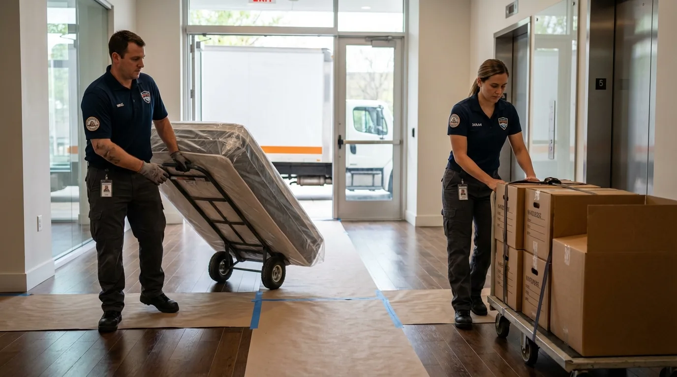 Professional apartment movers loading elevator in Fairhope, AL